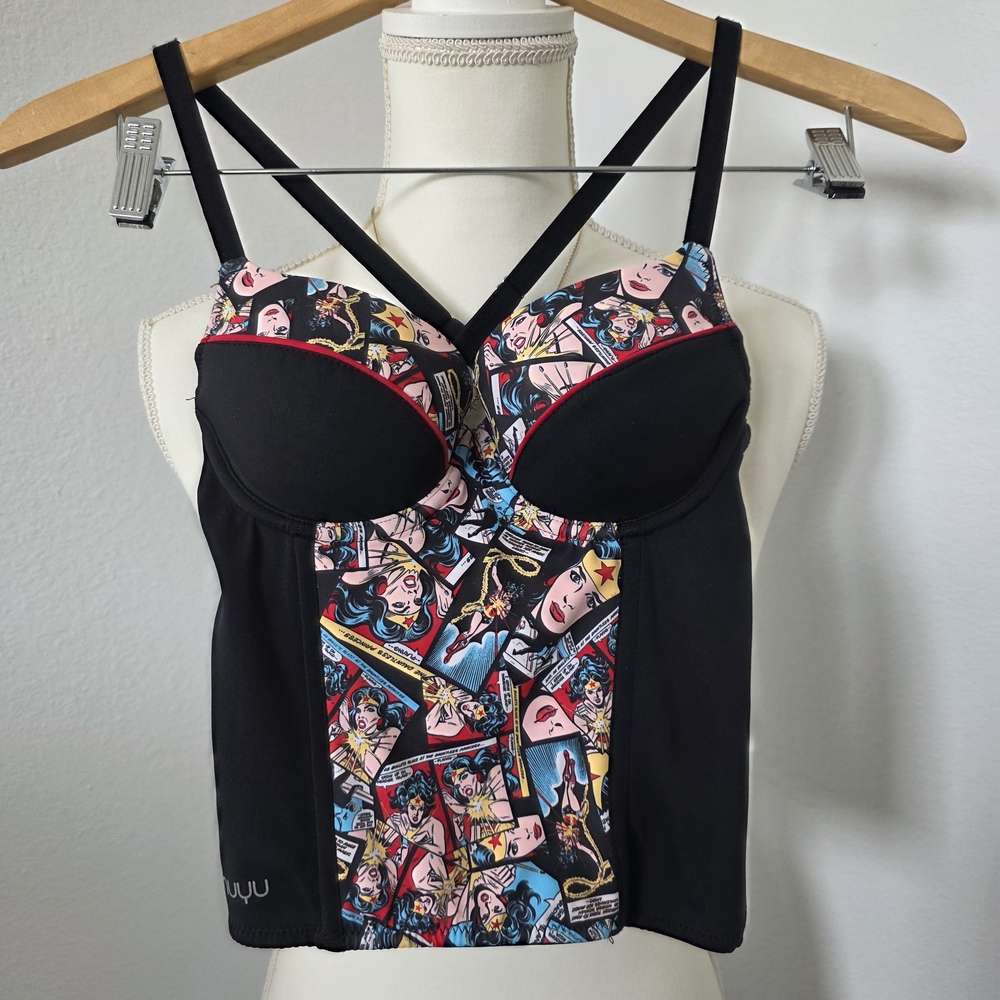 NUYU Black and Comic Print Bustier Top